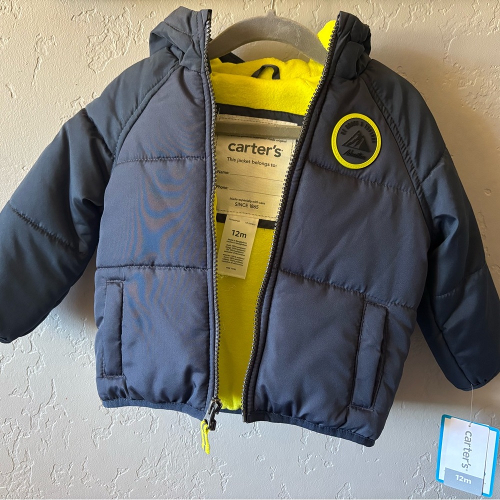 Carter's Dark Blue Puffer Jacket with Yellow Accents